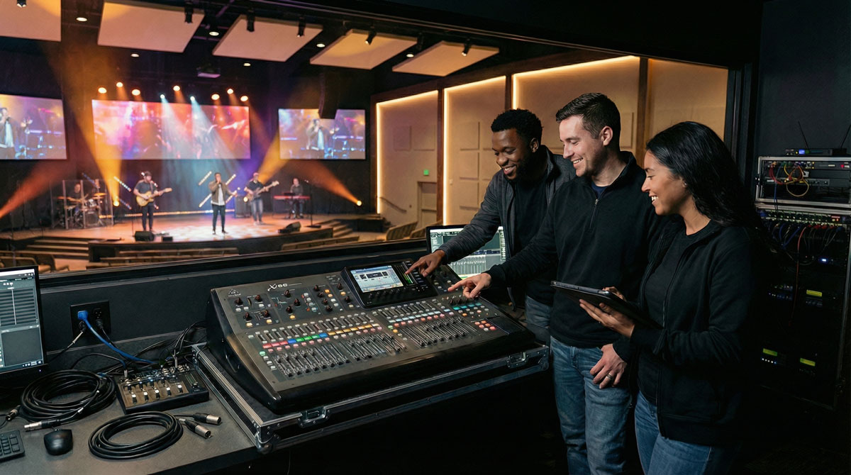 Church tech team troubleshooting production equipment during a service