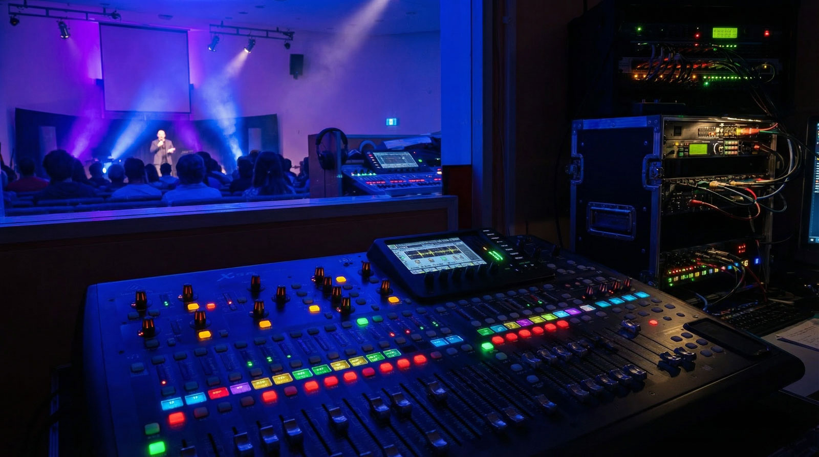 Production booth view of a live event