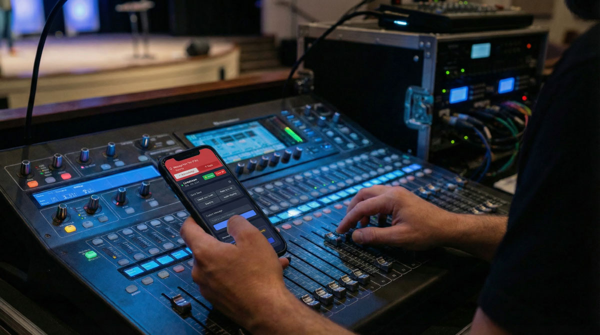 FOH engineer using CrewComm app on phone while operating a mixing console